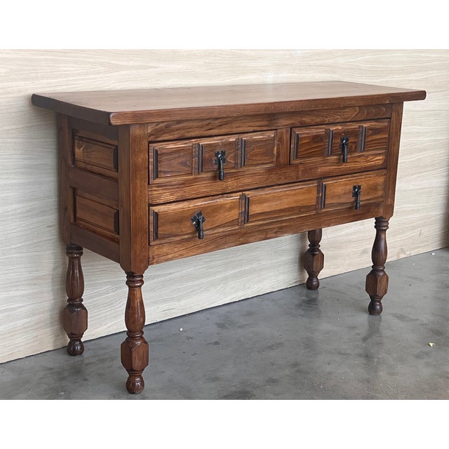 19th Century Catalan Spanish Carved Walnut Console Sofa Table, Four Drawers For Sale - Image 6 of 10
