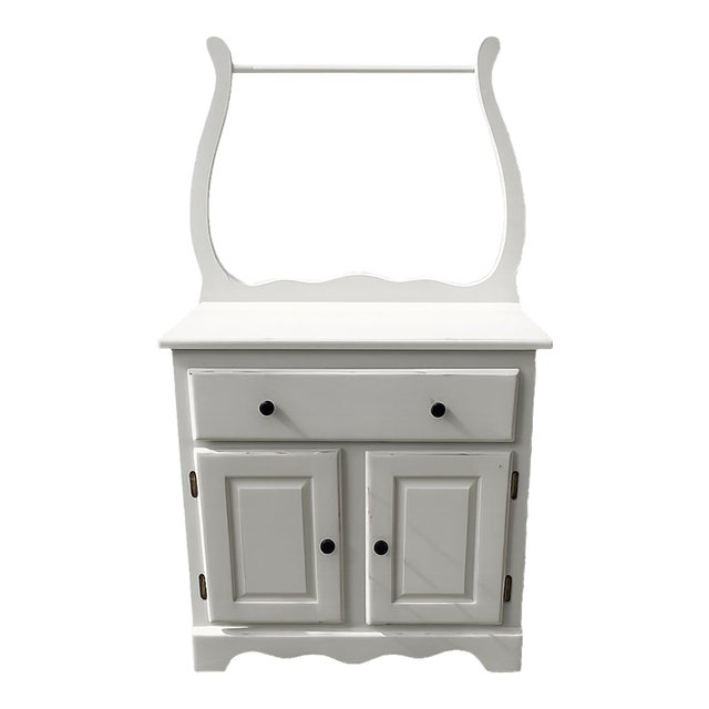 Vintage Solid Wood Farmhouse Washstand Cabinet With Towel Bar – Distressed White For Sale