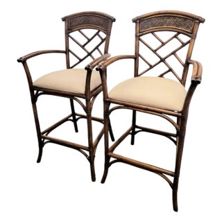Vintage Rattan Chinese Chippendale Regency Tall Rattan Arm Bar Stools- A Pair For Sale