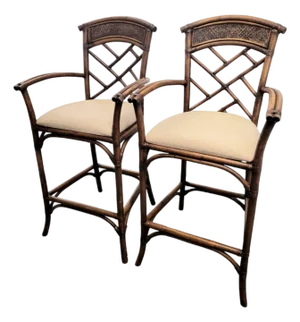 Vintage Rattan Chinese Chippendale Regency Tall Rattan Arm Bar Stools- A Pair