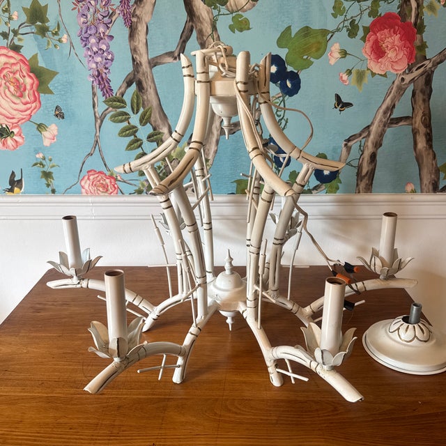 Metal Midcentury White Faux Bamboo Pagoda Tole Chandelier For Sale - Image 7 of 12