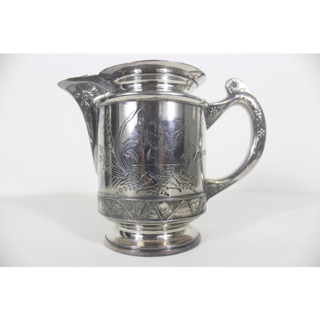 Metal Antique Quadruple Silver Plate Pitcher Creamer Vase Hartford Etched Bird For Sale - Image 7 of 16