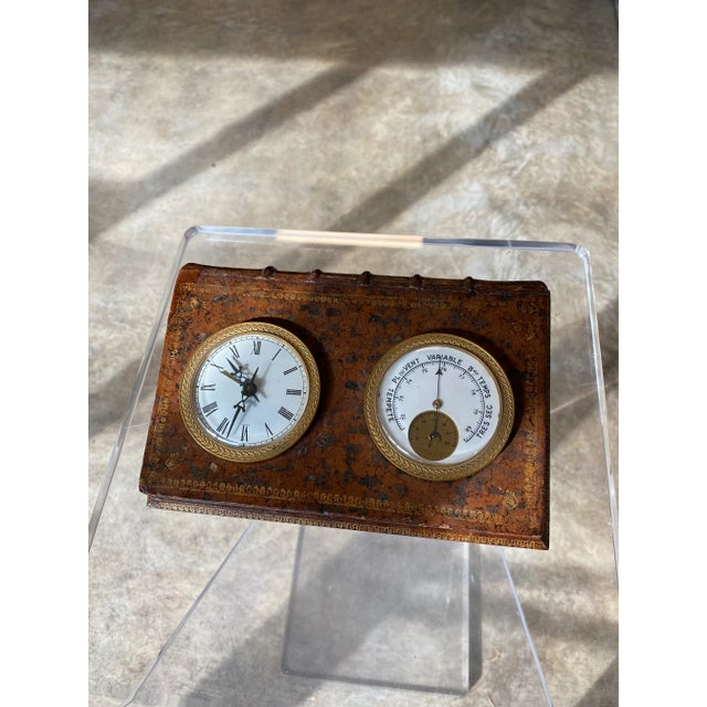 French Mid 20th Century French Leather and Book Form Alarm Desk Clock For Sale - Image 3 of 12
