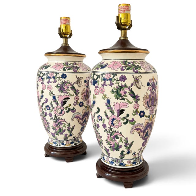 1970s 1970s Ornate Floral Ceramic Urn Table Lamps With Carved Wood Bases - a Pair For Sale - Image 5 of 13