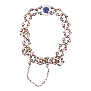 Late 19th Century Antique Victorian Sapphire Diamond 18k Yellow Gold Link Bracelet, Agl Certified For Sale