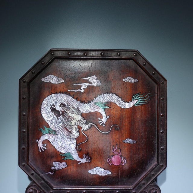 1980s Antique Chinese Ebony Table Screen With Mother-of-Pearl Dragon Inlay For Sale - Image 5 of 9