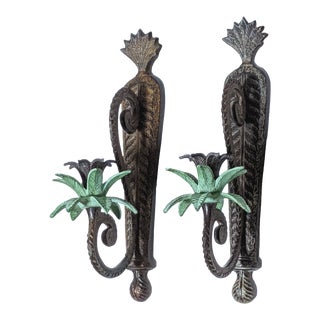 Vintage Palm Tree Cast Iron Wall Candle Sconces - a Pair For Sale