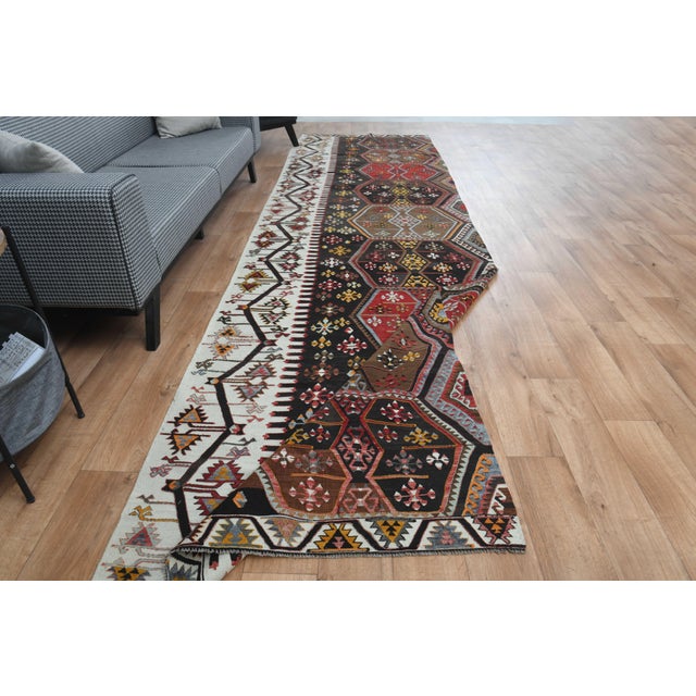 1970s Vintage Handmade Wool Cotton Black Turkish Runner Rug For Sale - Image 9 of 11