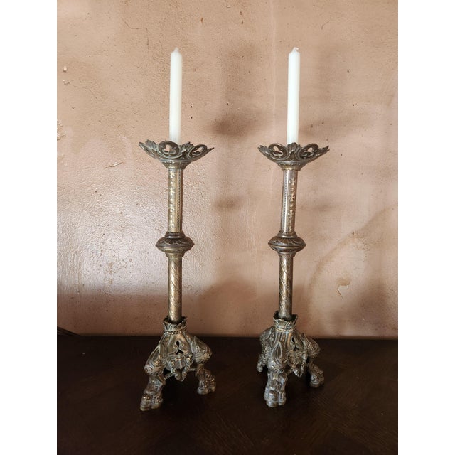 Large Antique Napoleon III Gothic Brass Church Candleholders, France, Set of 2 For Sale - Image 14 of 14