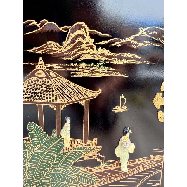 Vintage Chinoiserie Black Lacquer Nightstand Cabinet With Carved Stone Figures For Sale In Los Angeles - Image 6 of 13