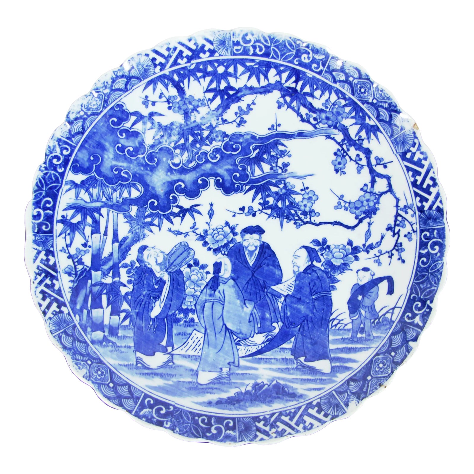 Antique Late 19th Century Meiji Period Japanese Blue & White Porcelain Charger