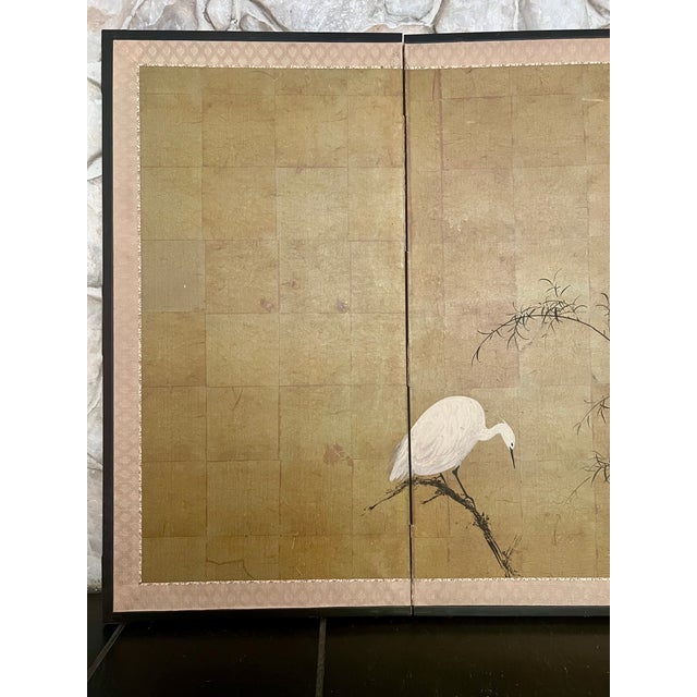 Vintage Mid-Century Japanese 4-Panel Byobu Folding Screen - "White Egrets & Willow" For Sale - Image 4 of 16