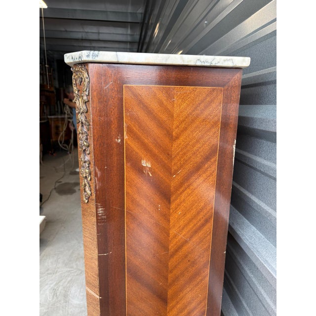 Brown Pair of Antique French Louis XV-Style Marble Tall Cabinets With Inlaid Marquetry, A Pair For Sale - Image 8 of 12