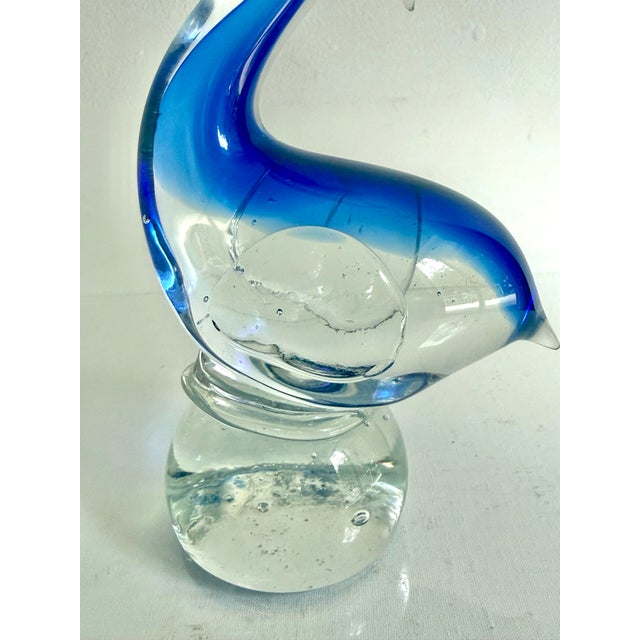 Figurative Blown Glass Blue Pelican Art Sculpture With Red Fish, Murano Style For Sale - Image 3 of 7