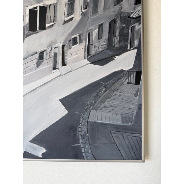 Black 1985 N. Cianfrani Monochrome European Cityscape Oil on Canvas Painting, Framed For Sale - Image 8 of 11