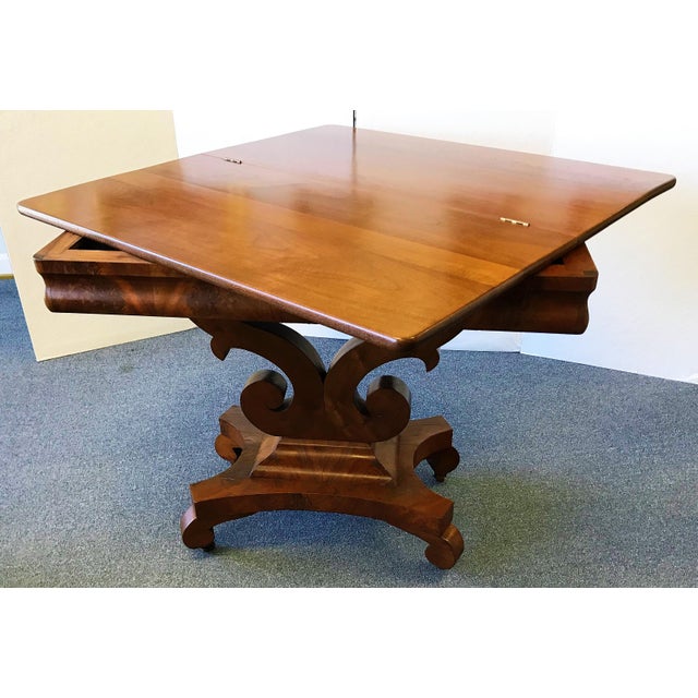 Antique Empire Era Burl Mahogany Swivel Top Game Table With Storage
