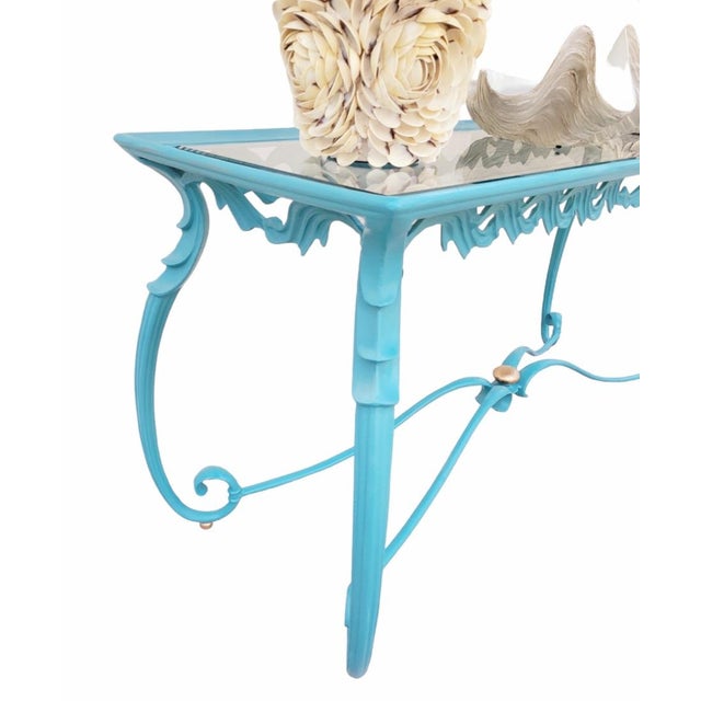 Vintage Custom Painted Coastal Regency Blue Gold Wave Drape Design Cast Iron Console Table For Sale - Image 10 of 12