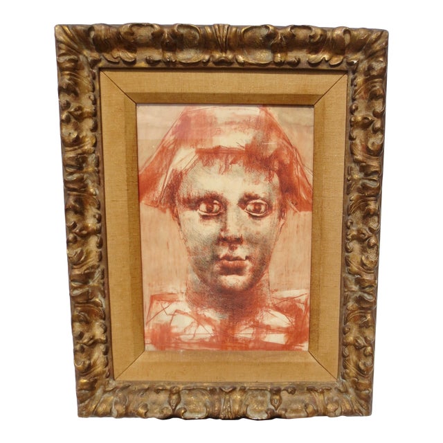 1930s Vintage Conte Portrait Drawing on Paper, Framed For Sale