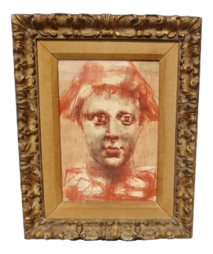 1930s Vintage Conte Portrait Drawing on Paper, Framed