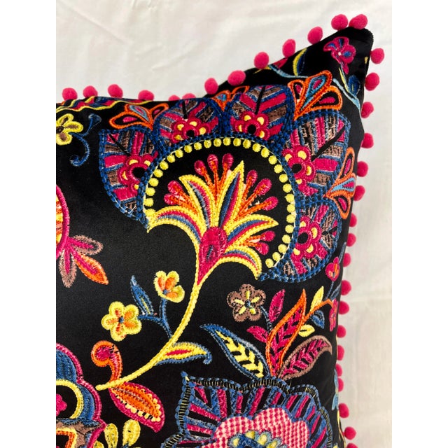 20" Square Decorative Throw Pillow With a Modern Paisley Floral Pattern in Bright Pinks, Yellows & Blues Framed by Bright Pink Pom-Poms For Sale In Dallas - Image 6 of 11