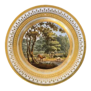 Antique Early 19th Century Danuelle Paris Porcelain Cabinet Plate Decorated With a Wolf and Sheep in Landscape