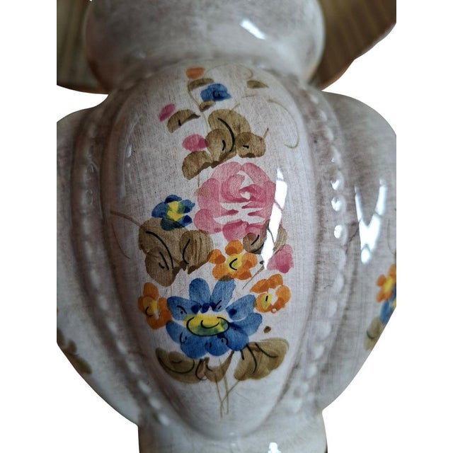 Vintage Hand-Painted Ceramic and Bordeaux Velvet Table Lamp, 1960 For Sale - Image 12 of 18