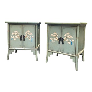 Mid-Century Chinese Hand Painted Bird & Floral Bamboo Celadon Side Tables / Cabinets - Pair For Sale