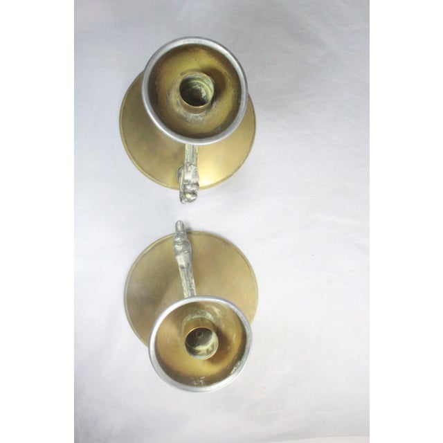 Metal Vintage Brass Heraldic Chamber Candlestick Holders With Griffin Head Handles- Set of 2 For Sale - Image 7 of 7