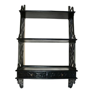 Chinoiserie Chippendale Black Ebonized Fretwork 2 Tier Wall Hung Shelf For Sale