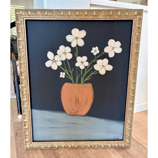 Large Original Vintage Framed Primitive Floral Bouquet Painting For Sale - Image 4 of 6
