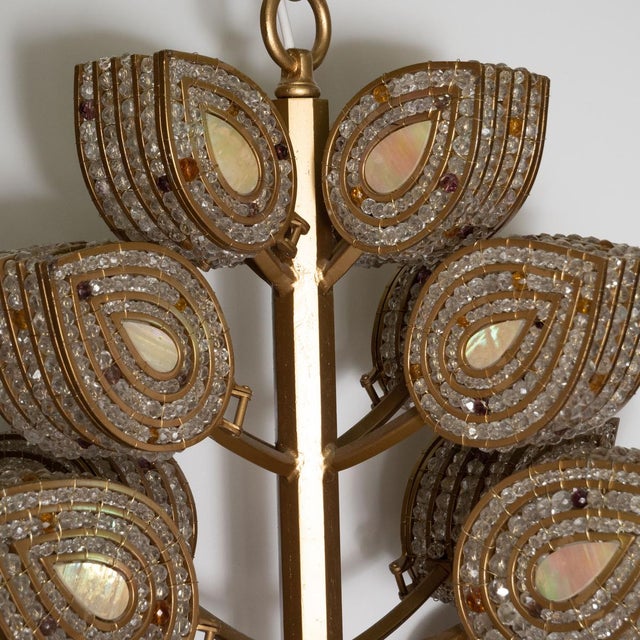 Metal Beaded and Stained Glass Foliate Motif Chandelier by Marcelo Bessa For Sale - Image 7 of 13