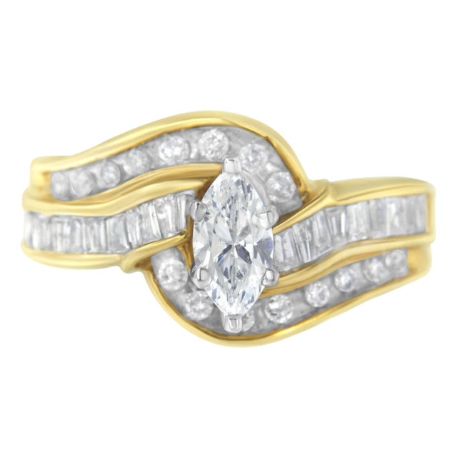 14KT Two-Toned Gold Marquise, Baguette and Round Cut Diamond Bypass Ring (1 cttw, H-I Color, SI1-SI2 Clarity) - Size 7 For Sale