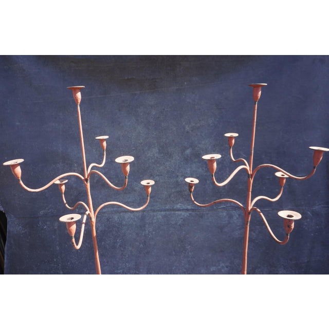 Metal Pair of Early 20th Century Spanish Colonial Standing Wrought Iron Candelabras For Sale - Image 7 of 9