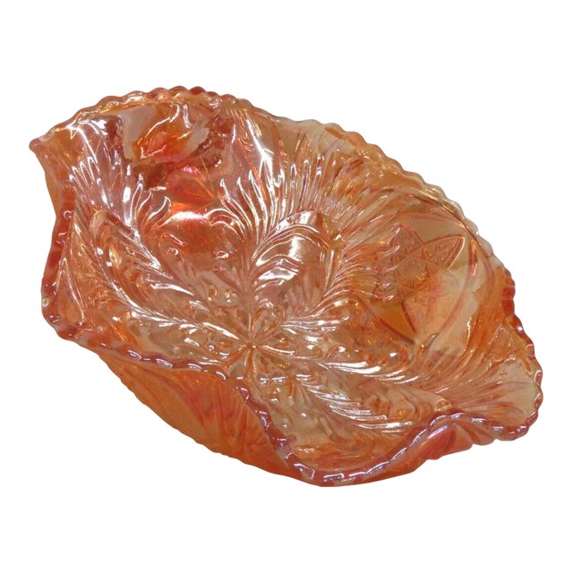 Brockwitz Marigold Carnival Glass Curved Star and Headdress Ruffled Bowl For Sale