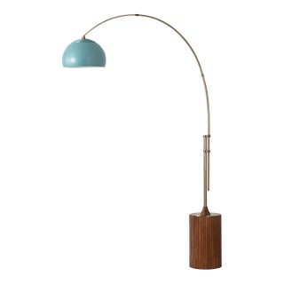 1980s Nova of California Dark Walnut Mid Century Floor Lamp - Modern Arc Lamp, Half Dome Blue Shade, Dimmable Light FIxure For Sale