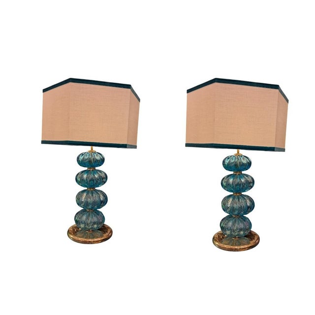 1980s Antique Turquoise Murano Glass Lamps, 1980s, Set of 2 For Sale - Image 5 of 5