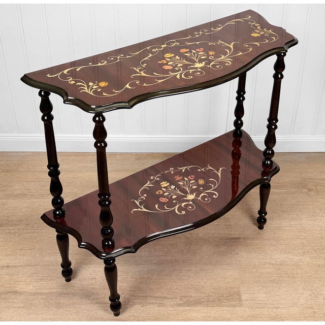 Vintage Italian Rococo Marquetry Fruitwood Console Hall Table For Sale - Image 4 of 12
