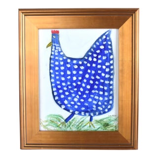 Farmhouse Folk Art Chicken Painting by Ruth Arenz Including the Antique Gold Wood Frame For Sale