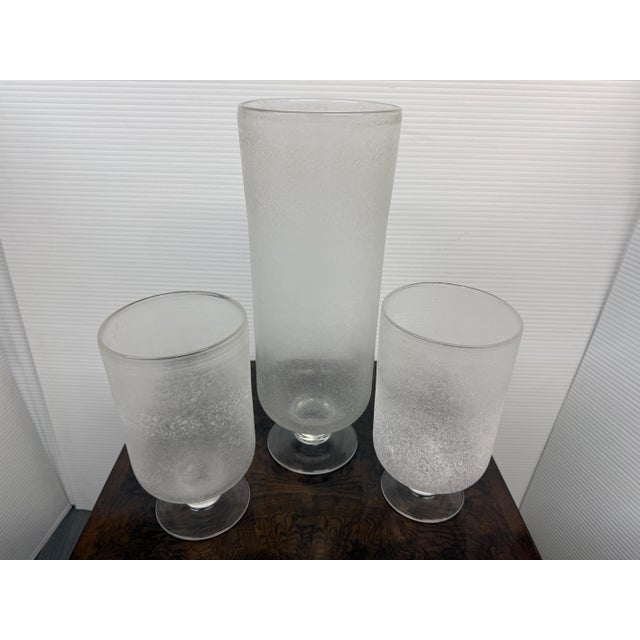 Frosted Glass Cylindrical Hurricane Vases, Set of Three For Sale - Image 4 of 12