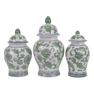 Set of 3 Green & White Floral Food Safe Jars For Sale
