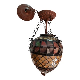 Vintage Stained & Leaded Glass Pendant Light For Sale