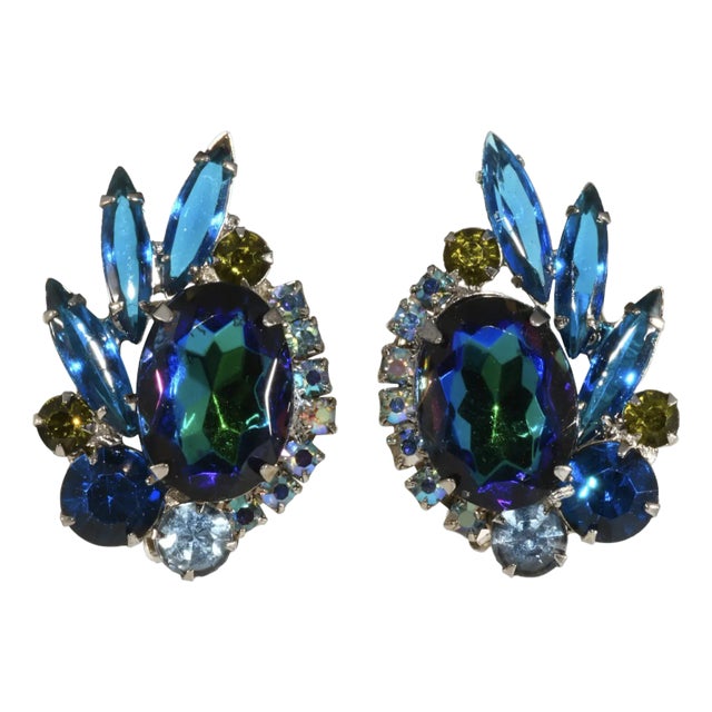 1960s Vintage Juliana Earrings With Blue Rhinestones, A Pair For Sale