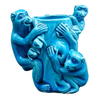 Old Chinese Glazed Turquoise Blue Monkey Figures on Tree Trunk Porcelain Mug Cup For Sale