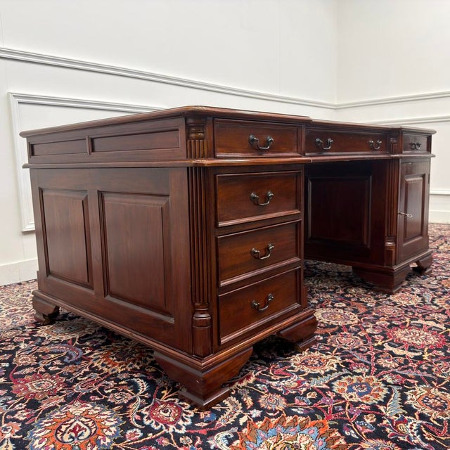 English Partner Desk with Green Leather For Sale - Image 5 of 18
