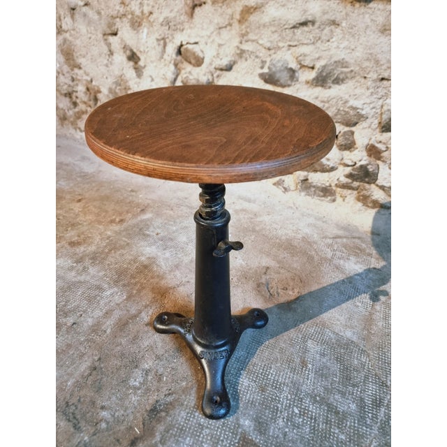 Vintage Industrial Adjustable Swivel Stool with Cast Iron Base and Beech Plywood Seat from Singer, 1950s For Sale - Image 4 of 11