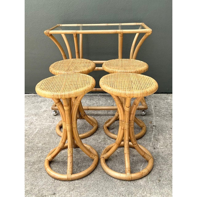 Khaki Vintage Rattan High Top Table With Coordinating Stools - Set of 5 For Sale - Image 8 of 17