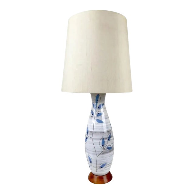 Vintage MCM Bitossi Table Lamp, Ceramic With Blue Leaves, Italy, 1950s For Sale
