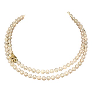 Vintage Cultured Akoya Pearl Strand Necklace Opera Length with Diamond Clasp For Sale