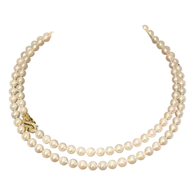 Vintage Cultured Akoya Pearl Strand Necklace Opera Length with Diamond Clasp For Sale