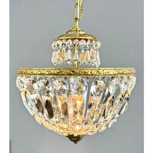French Antique French Empire Basket Style Crystal & Brass Chandelier For Sale - Image 3 of 11